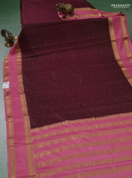 Pure mysore silk saree wine shade and mauve pink with allover zari checks & buttas and rettapet zari woven border