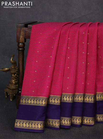 Pure mysore silk saree magenta pink and deep violet with allover zari checks & buttas and rettapet zari woven border