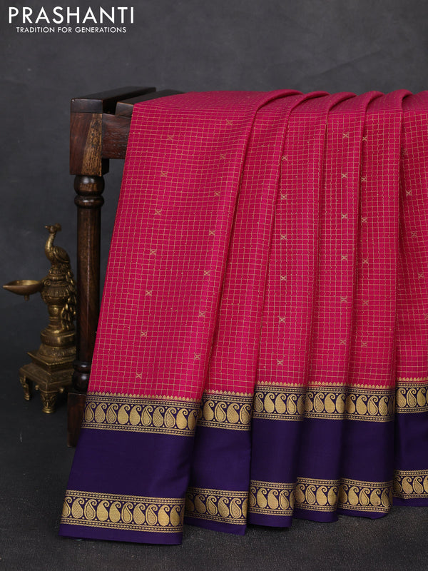Pure mysore silk saree magenta pink and deep violet with allover zari checks & buttas and rettapet zari woven border