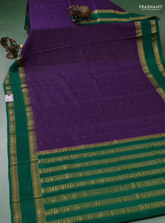Pure mysore silk saree violet and green with allover zari checks & buttas and rettapet zari woven border
