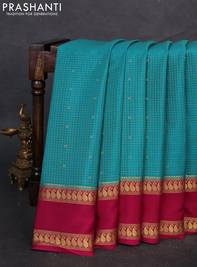 Pure mysore silk saree teal green and dark pink with allover zari checks & buttas and rettapet zari woven border