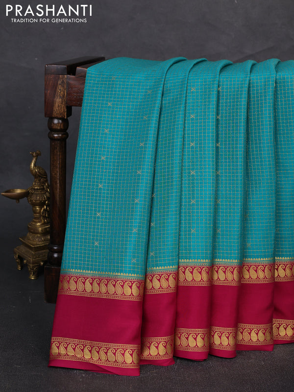Pure mysore silk saree teal green and dark pink with allover zari checks & buttas and rettapet zari woven border