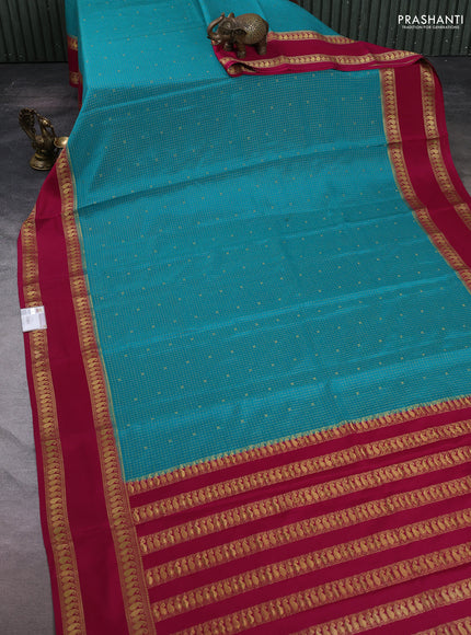 Pure mysore silk saree teal green and dark pink with allover zari checks & buttas and rettapet zari woven border