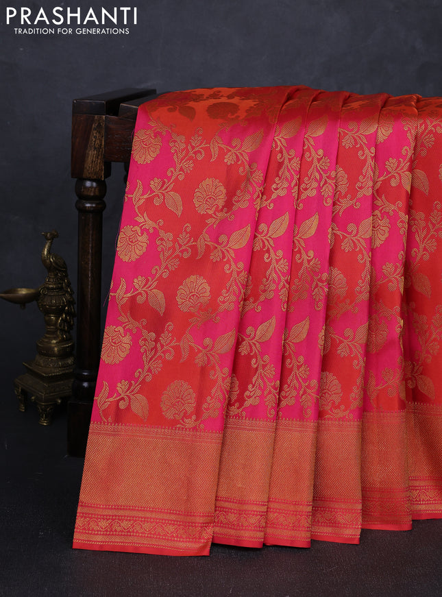 Pure Kanchipuram silk saree pink and orange with allover zari woven brocade weaves and zari woven border
