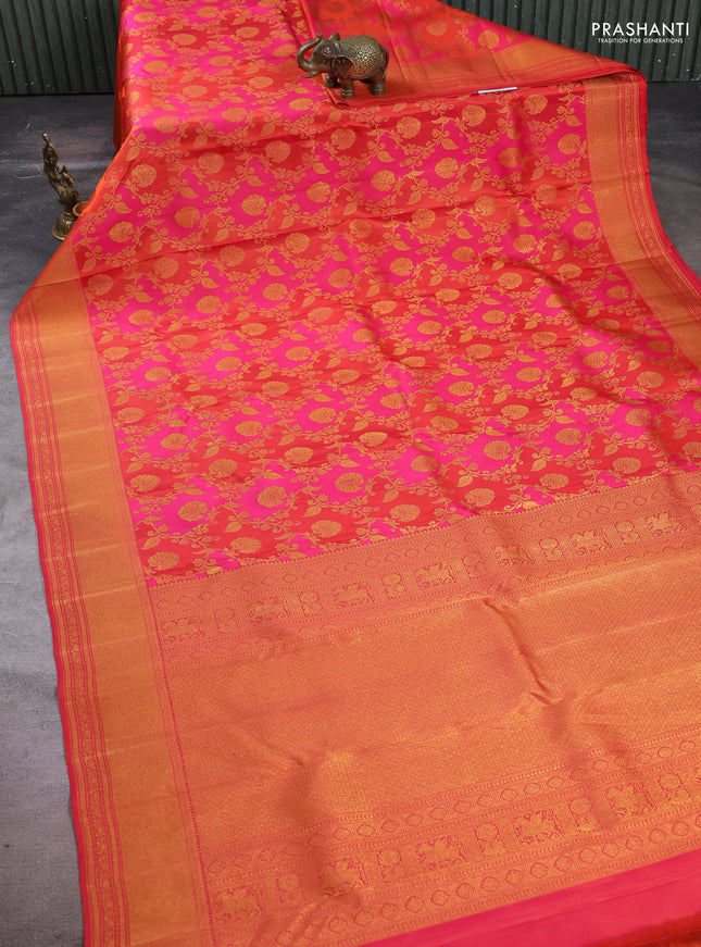 Pure Kanchipuram silk saree pink and orange with allover zari woven brocade weaves and zari woven border