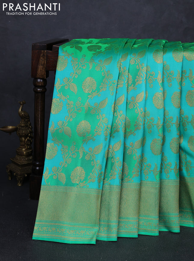 Pure Kanchipuram silk saree green with allover zari woven brocade weaves and zari woven border