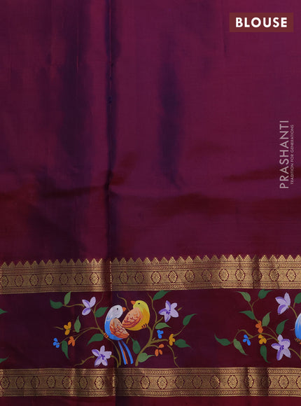 Pure Kanchipuram silk saree dual shade of greenish blue and dual shade of wine shade with zari woven annam and rettapet zari woven hand painted border & allu