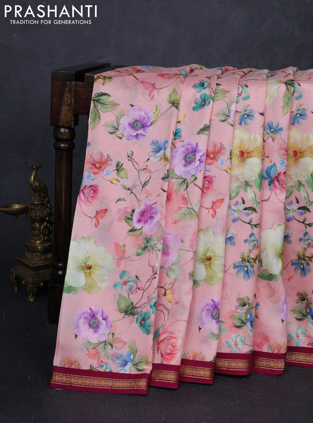Pure Kanchipuram silk saree peach and magenta pink with digital prints