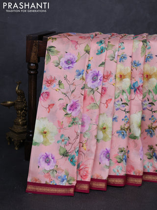 Pure Kanchipuram silk saree peach and magenta pink with digital prints
