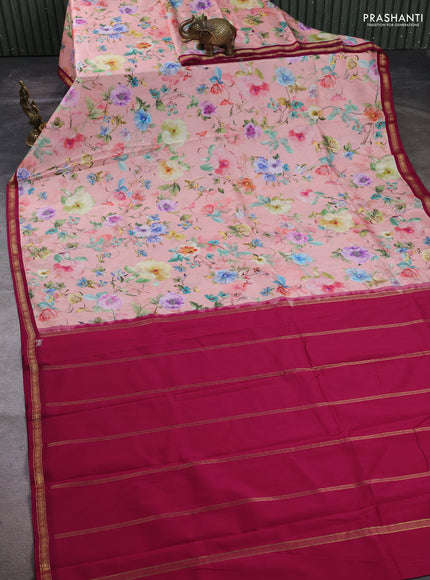 Pure Kanchipuram silk saree peach and magenta pink with digital prints