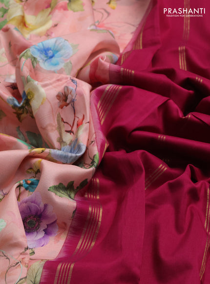Pure Kanchipuram silk saree peach and magenta pink with digital prints