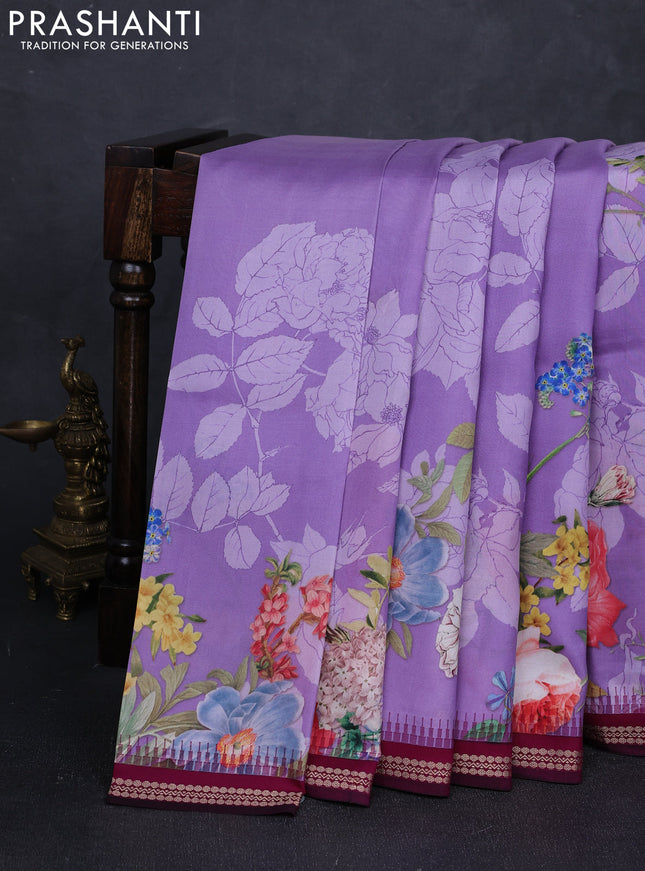 Pure Kanchipuram silk saree lavender and wine with digital prints