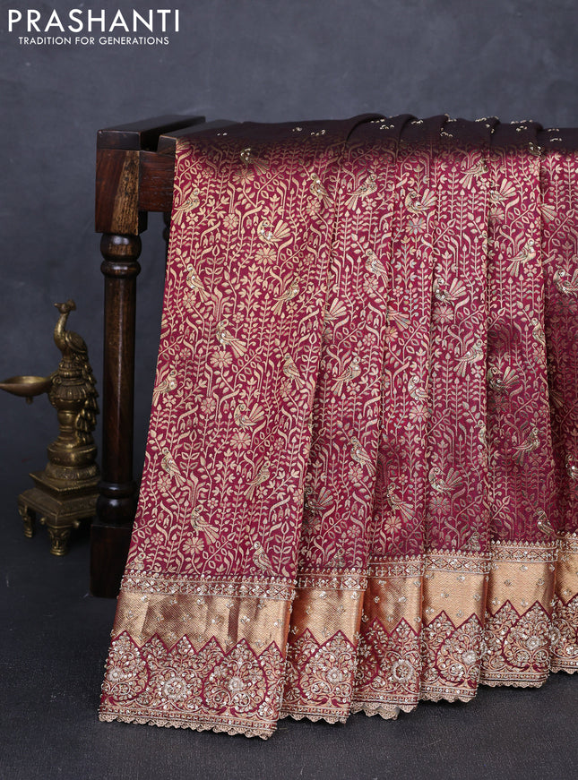 Pure Kanchipuram silk saree dark magenta pink with allover zari woven brocade weaves & zardosi work and rich zari woven embroidery border