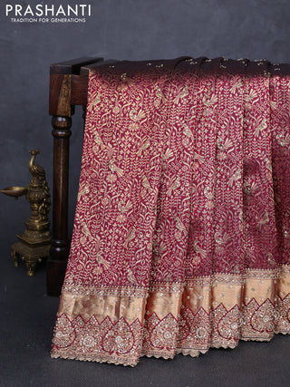 Pure Kanchipuram silk saree dark magenta pink with allover zari woven brocade weaves & zardosi work and rich zari woven embroidery border