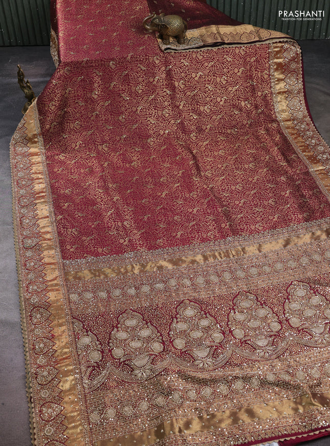 Pure Kanchipuram silk saree dark magenta pink with allover zari woven brocade weaves & zardosi work and rich zari woven embroidery border
