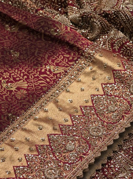 Pure Kanchipuram silk saree dark magenta pink with allover zari woven brocade weaves & zardosi work and rich zari woven embroidery border