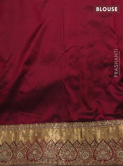Pure Kanchipuram silk saree dark magenta pink with allover zari woven brocade weaves & zardosi work and rich zari woven embroidery border