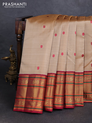 Beige & Maroon Pure kanchipuram silk saree Korvai Border