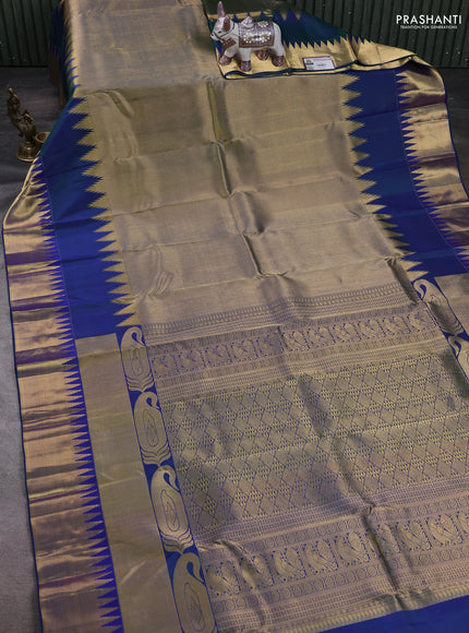Blue Pure Kanchipuram Silk Saree Temple Design