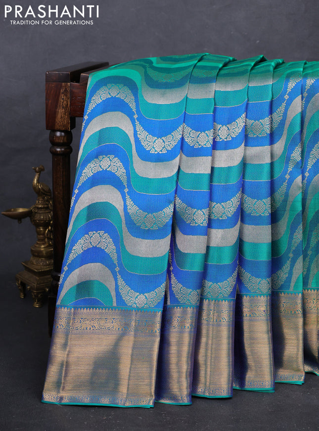 Blue & Teal Green Pure Kanchipuram Silk Saree Designer
