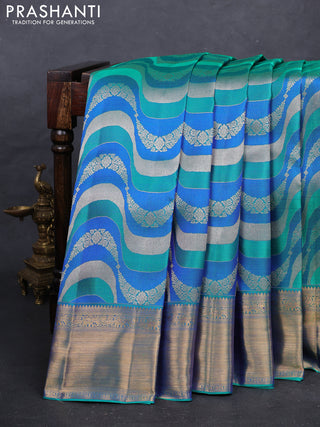 Blue & Teal Green Pure Kanchipuram Silk Saree Designer