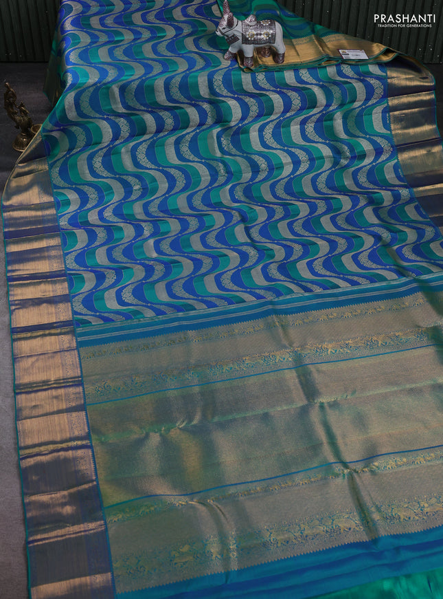 Blue & Teal Green Pure Kanchipuram Silk Saree Designer