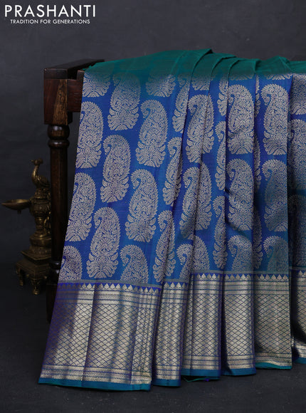 Peacock Blue Pure Kanchipuram Silk Saree Mango Buttas
