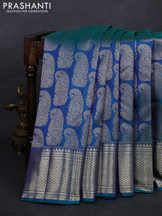 Peacock Blue Pure Kanchipuram Silk Saree Mango Buttas