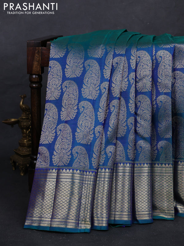 Peacock Blue Pure Kanchipuram Silk Saree Mango Buttas