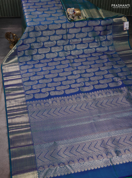 Peacock Blue Pure Kanchipuram Silk Saree Mango Buttas