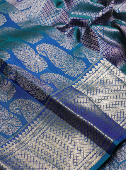 Peacock Blue Pure Kanchipuram Silk Saree Mango Buttas