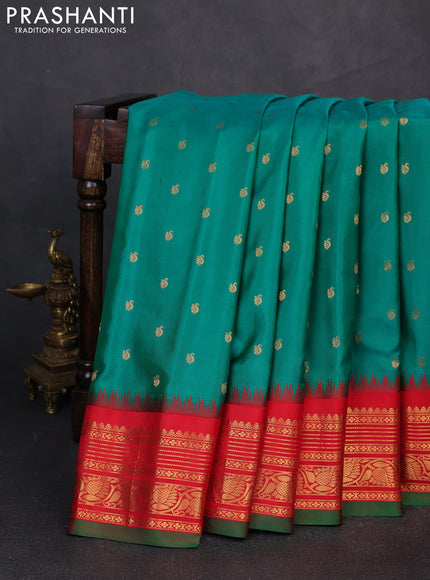 Pure gadwal silk saree teal green and red with allover zari woven buttas and temple design zari woven border