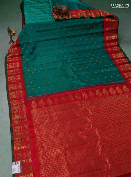 Pure gadwal silk saree teal green and red with allover zari woven buttas and temple design zari woven border