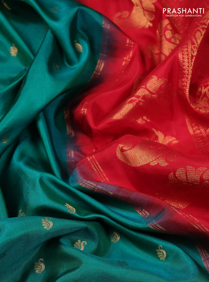 Pure gadwal silk saree teal green and red with allover zari woven buttas and temple design zari woven border