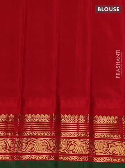 Pure gadwal silk saree teal green and red with allover zari woven buttas and temple design zari woven border