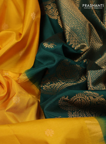 Pure gadwal silk saree yellow and dark green with zari woven buttas and temple design zari woven border