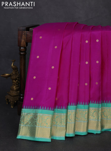 Pure gadwal silk saree magenta pink and teal green with zari woven buttas and temple design zari woven border