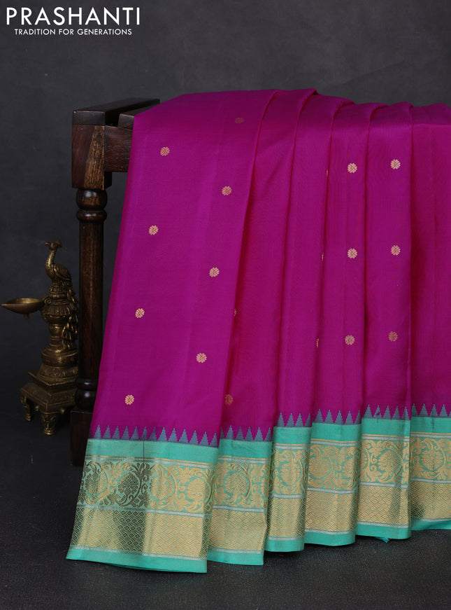 Pure gadwal silk saree magenta pink and teal green with zari woven buttas and temple design zari woven border