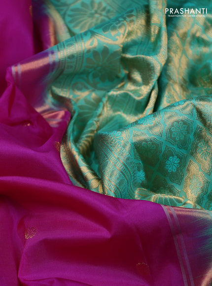Pure gadwal silk saree magenta pink and teal green with zari woven buttas and temple design zari woven border