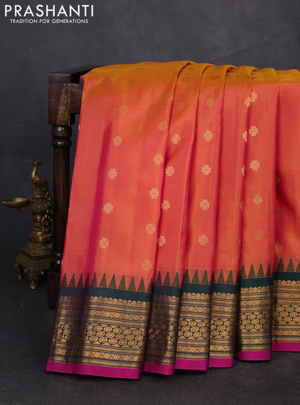 Pure gadwal silk saree dual shade of pinkish mustard and dual shade of bottle green with zari woven buttas and temple design zari woven border