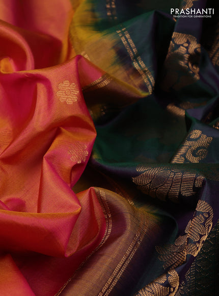 Pure gadwal silk saree dual shade of pinkish mustard and dual shade of bottle green with zari woven buttas and temple design zari woven border