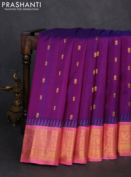 Pure gadwal silk saree purple and peach pink with zari woven buttas and temple design zari woven border