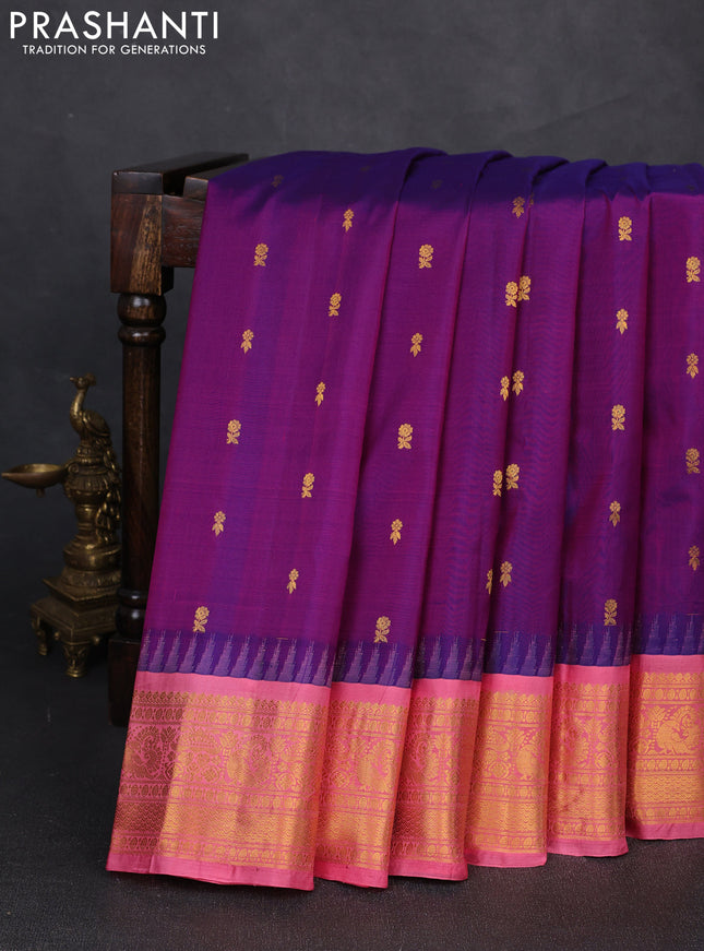 Pure gadwal silk saree purple and peach pink with zari woven buttas and temple design zari woven border