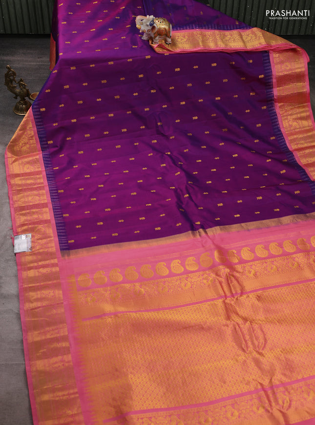 Pure gadwal silk saree purple and peach pink with zari woven buttas and temple design zari woven border