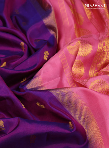 Pure gadwal silk saree purple and peach pink with zari woven buttas and temple design zari woven border