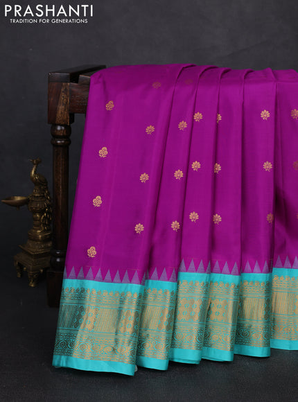 Pure gadwal silk saree purple and teal blue with zari woven buttas and temple design zari woven border