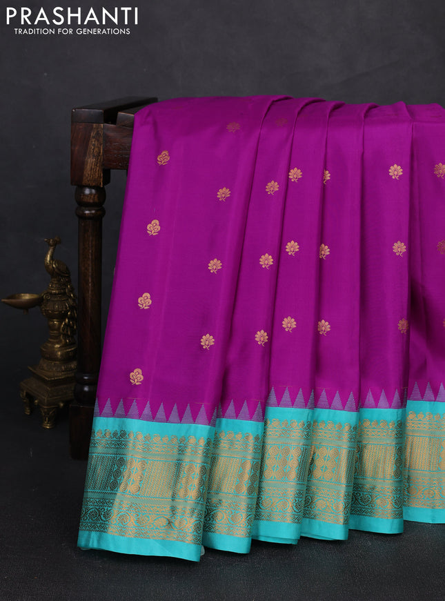 Pure gadwal silk saree purple and teal blue with zari woven buttas and temple design zari woven border