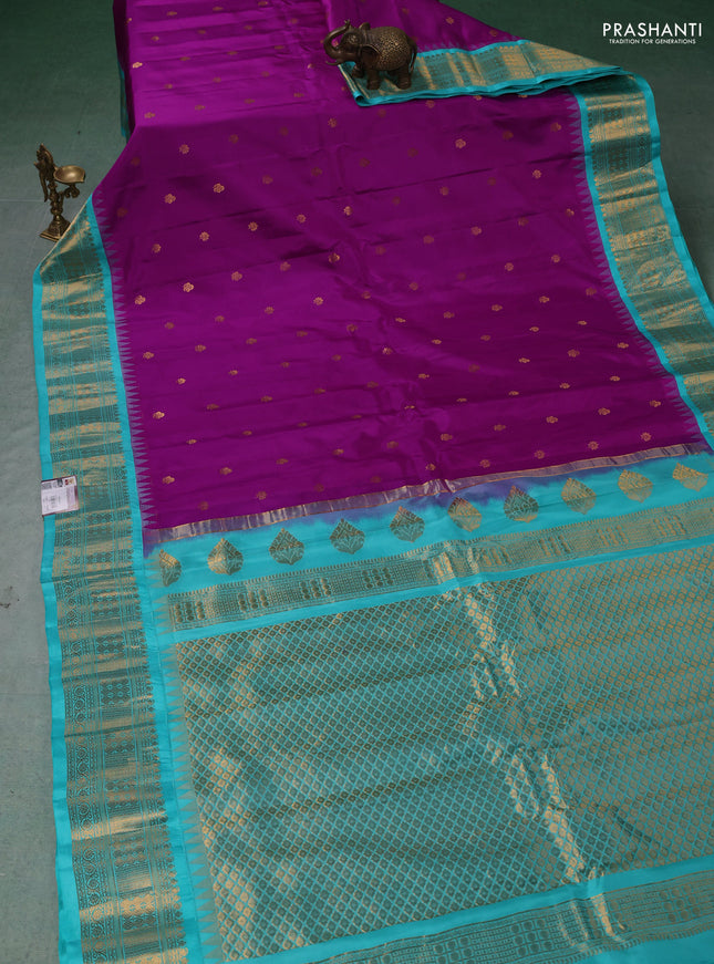 Pure gadwal silk saree purple and teal blue with zari woven buttas and temple design zari woven border