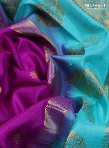 Pure gadwal silk saree purple and teal blue with zari woven buttas and temple design zari woven border