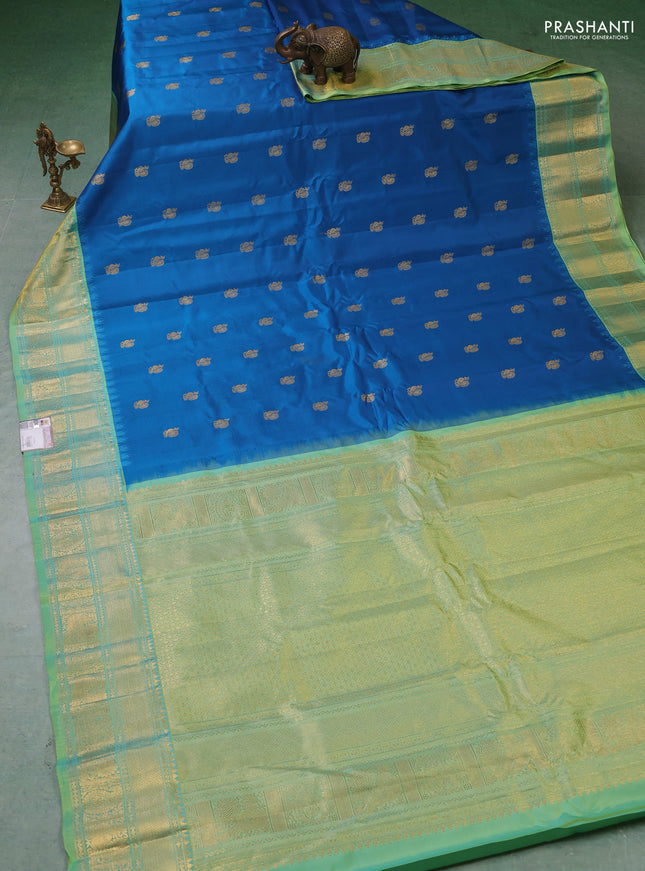 Pure gadwal silk saree cs blue and teal green with zari woven buttas and temple design zari woven border